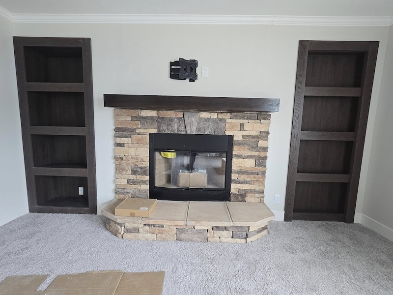 Half Stack Fireplace with Brown Ledgestone Built-Ins
